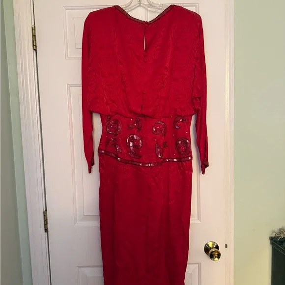Vintage 80’s A.J Bari Red Silk Sequin Wrap Sheath Cocktail Dress - Picture 2 of 3